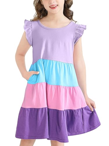 Poroka Girls Ruffle Sleeve Dress Tiered Swing A-Line Short-Sleeve Dresses Kids Midi Casual Summer Sundress with Pockets Lilac