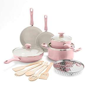 GreenLife Soft Grip Healthy Ceramic Nonstick, 14 Piece Cookware Pots and Pans Set, PFAS-Free, Dishwasher Safe, Soft Pink