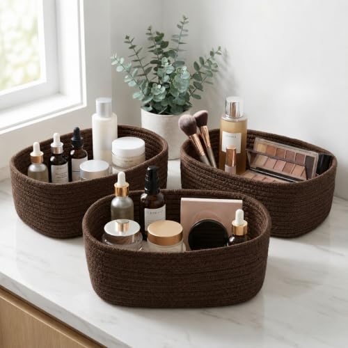 Image of 100% Natural Jute small box mini rope paper storage Round hamper baby nursery tray bucket for Living Kitchen, Drawing Room,fruits, kitchen, office, (brown 3 set)