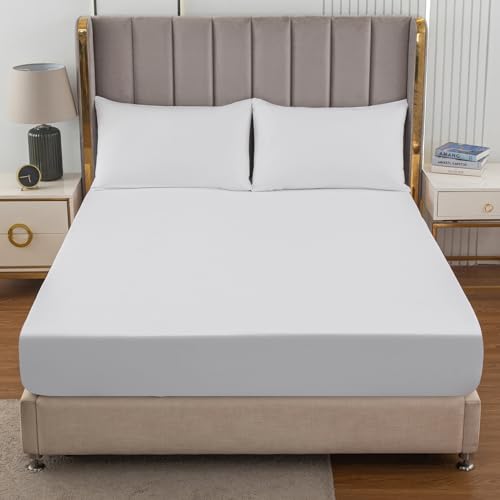 Soifox Double Fitted Sheets 40 cm Extra Deep Pocket White Bed Sheets 16 inch, Soft Microfiber Bottom Sheet for Double Bed 135x190cm - Image 2