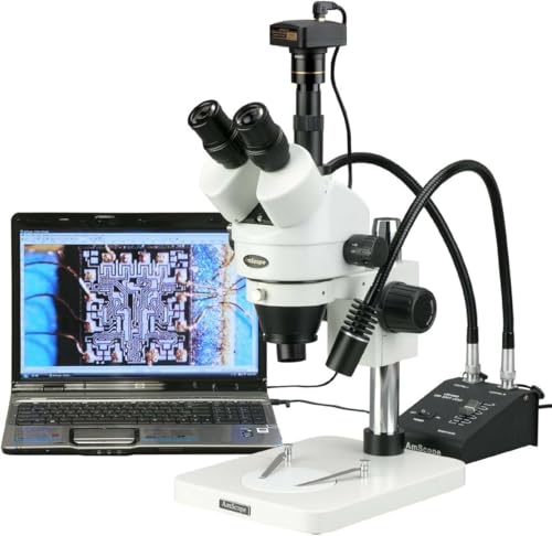 Image of AmScope SM-1TSW2-L6W-10M Digital Professional Trinocular Stereo Zoom Microscope, WH10x and WH25x Eyepieces, 3.5X-225X Magnification, 0.7X-4.5X Zoom Objective, 6W Dual-Gooseneck LED Light, Pillar Stand, 85V-265V, Includes 0.5X and 2.0X Barlow Lenses, Includes 10MP Camera with Reduction Lens and Software