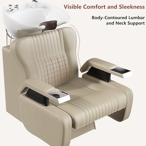 Image of Shampoo Backwash Unit, Barber Backwash Chair, Shampoo Bowl and Chair Set for Salon, Salon Hair Washing Station with Ceramic Shampoo Bowl (Beige)