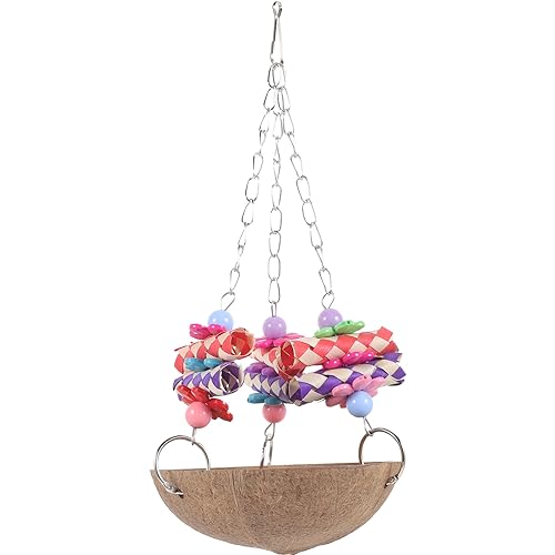 Bird Hammock Coconut Shell Hamster Nest Parrot Cage with Chain Charm and Fake Flower for Pet Hanging Bed (5x11”)