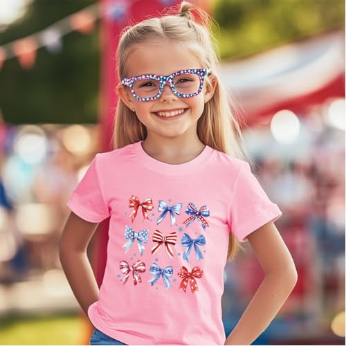 Image of Girl American Flag Shirts Bow Tshirt 4th of July Shirt Cotton Short Sleeve Tees 2-12 Years