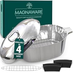 Cast Aluminum Dutch Oven with Lid – 12.6 Quart Oval Lightweight Pot For Cajun Cookware, Baking & More – Roaster Pan with Silicone Covers & Rack For Even Heat Distribution (18 inch)