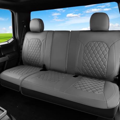 Image of Huidasource Gray Rear Seat Covers Fit for Ford F150 2015-2026 & F250 F350 F450 2017-2026 Crew Cab XL XLT Lariat King Ranch Platinum, Nappa Leather Waterproof Rear Bench Car Seat Cover