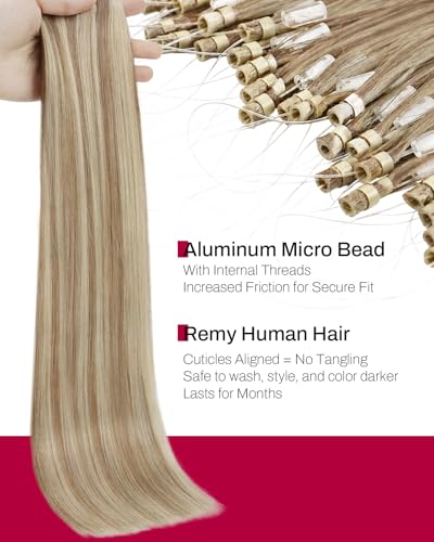 Image of Moresoo Micro Bead Hair Extensions Real Human Hair, Golden Beige Blonde | 16 inch, 50g 50 strands, reusable micro loop, sun-kissed blonde blend, lightweight comfort, weekend styling, date night looks