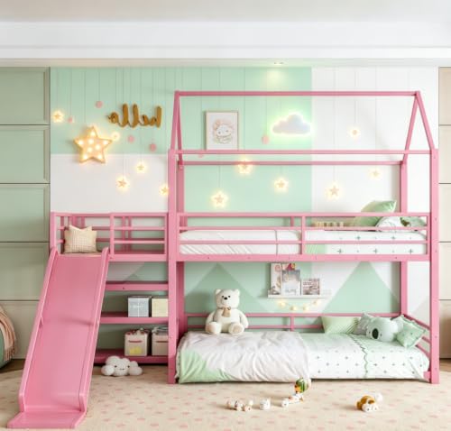 Image of Bellemave Metal Bunk beds Twin Over Twin with Slide and Storage Stairs, House Floor bunk Bed with guardrail for Kids,Pink