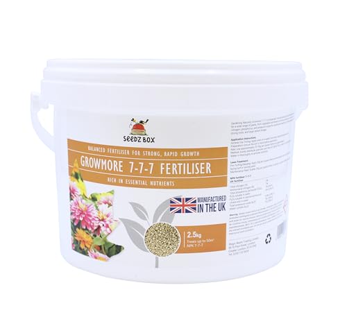 Grass Lawn & Vegetable Growmore Fertiliser 2.5kg – Treats 50m2 – 7-7-7 Nitrogen-Phosphorus-Potassium Ratio – All-Purpose Fertilizer - Easy-Use Granular Feed with Gradual Nutrient Release - Seedzbox