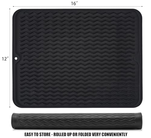 Image of Silicone Dish Drying Mat, Non-Slip Easy Clean Sink Mat Large Heat-resistant Dish Drainer Mat for Kitchen Counter, Sink, Refrigerator or Drawer liner (16 inch x 12 inch, BLACK)