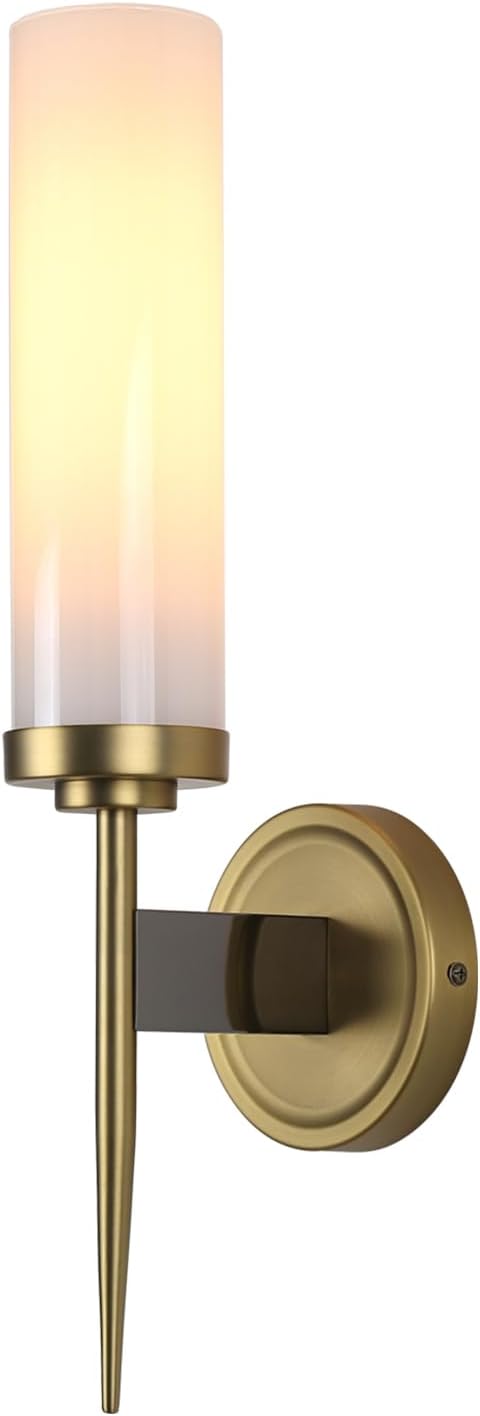 PERMO Vintage Wall Sconce Gold Sconces with 2.8" Cylindrical White Glass Shade Hardwired Sconces for Bathroom Living Room Entryway Home Office