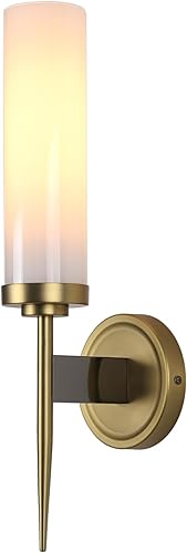 PERMO Aplique de pared vintage dorado con pantalla cilíndrica de cristal blanco de 2.8 pulgadas, apliques cableados para baño, sala de estar,