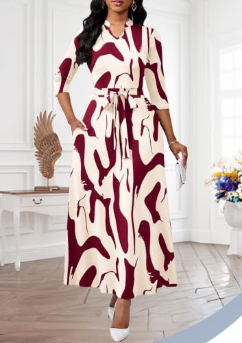 Image of BubFee Maxi Dresses for Women Semi Formal Long Dress 3 /4 Sleeve Casual A-line Church Dresses with Pockets