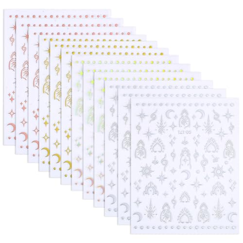 12 Sheets Star Moon Nail Stickers, 3D Silver Gold Nail Decals Self-Adhesive Sun Nail Design Stickers Cute Nail Decorations Art Manicure Accessories for Women Girls DIY Nails Supplies