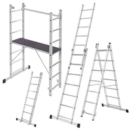 KADAX Andamio de aluminio de 114 x 187 cm, 14 peldaños, escalera multifunción con plataforma y pies antideslizantes
