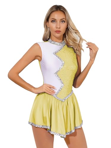 ACSUSS Women's Glitter Sequins Cheerleading Uniform Cheer Leader Outfits Dance Dress Performance Yellow X-Large