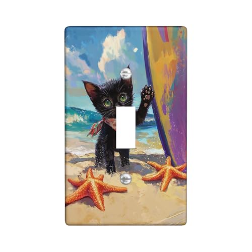 Placas de cubierta para interruptor de luz de gato de playa, cubierta de toma, gatito negro vibrante con tabla de surf para decoración de verano, placas de pared termoplásticas, tamaño estándar