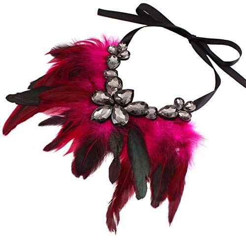 Suoirblss Girls Women Lady Wedding Bohemian Tassels Collars Statement Necklace Feather Rhinestone Clavicle Short Necklace False Collar (Rose Red) #TOP12