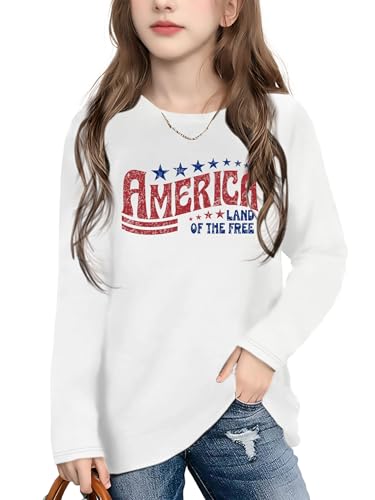 Image of Ithalt 4th of July Outfit Kids Girls American T Shirt USA T-Shirt Fourth of July Tops Patriotic Long Sleeve Tops