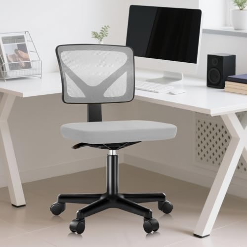 DUMOS Armless Desk Chairs, Cute Home Office Chair No Arms with Wheels, Ergonomic Adjustable Swivel Rolling Task Chair, Comfy Mesh Mid Back Computer Work Vanity Chair for Small Spaces, Light Grey