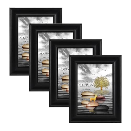 Alkerman 4x6 Picture Frames Black Wood Pattern High Definition Glass for Table Top Display and Wall Mounting Photo Frame，Pack of 4