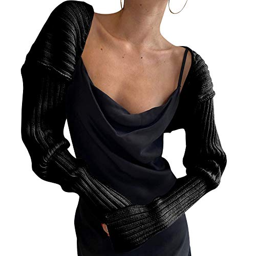 Image of High Collar Long Puff Sleeve Sweater Knitwear Solid Color Pullover Crop Top Ultra Short Turtleneck Sweatshirt