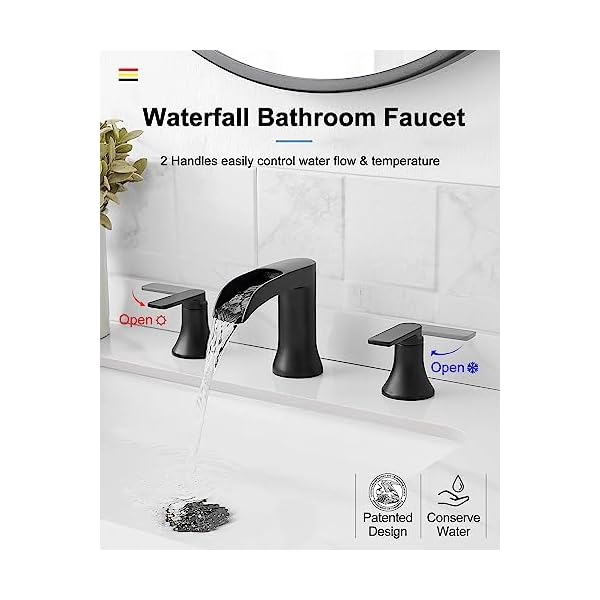   Waterfall-Bathroom-Sink-Faucet-Brass-Black-Bathroom-Faucet-4-8-Inch-2-Handles-Widespread-Bathroom-Faucets-for-Sink-3-Hole-Vanity-Lavatory-Farmhouse-RV-with-Pop-Up-Drain-and-Supply-Hose