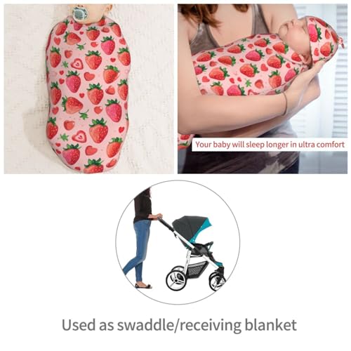 Image of Strawberries and Red Hearts Newborn Swaddle Blankets Hat Sets Soft Baby Receiving Blanket Swaddle Sack for Baby Shower Infant Boy Girl Gift