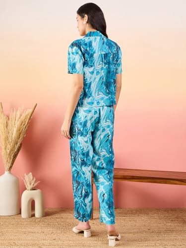Image of Modeve Women Shirt Pant Navy Abstract Print Co-Ord Set