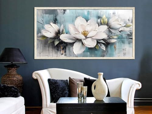 Ardemy Magnolia Wall Art Framed Canvas Wall Decor Living Room, White Floral Picture Wall Decor Teal Painting Flower Textured Artwork for Bedroom Dining Room Home Office 40"x20" - Image 5