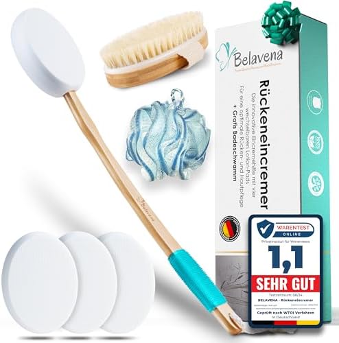 BELAVENA© Eincremehilfe für Rücken | Verbessertes Konzept 2026 - Optimale Rückenpflege mit Rückeneincremer/Rückenbürste inkl. 4 austauschbaren Pads – Rückencremer/Rückeneincremehil