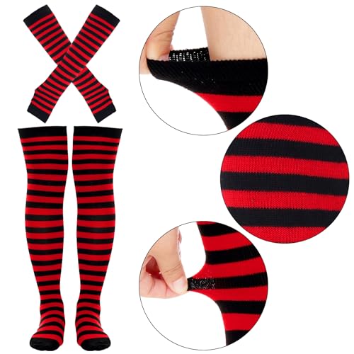 Image of Tongcloud Women's Striped Knee High Socks, Over Knee Thigh High Socks, Arm Warmer and Fingerless Gloves Set