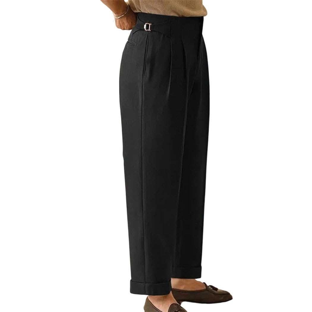 Men High Waist Pleated Suit Pants Straight Business Casual Office Wedding Social Trousers