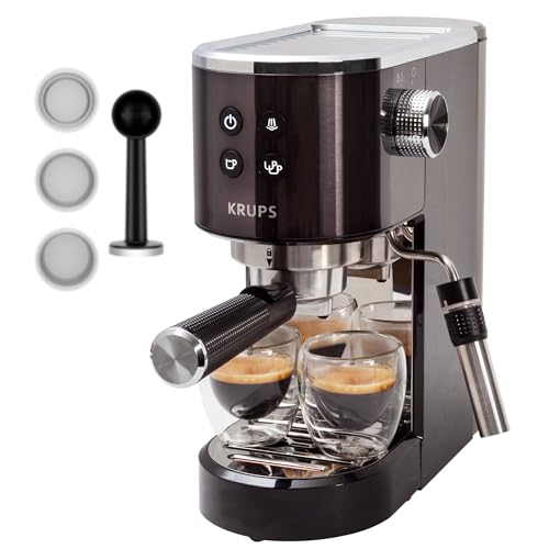 Krups XP444G Virtuoso+ Espresso-Siebträgermaschine | 15 bar Pumpendruck | 3 Crema-Filter | Edelstahl-Dampfdüse | intuitives Bedienfeld | Drehregler | inkl. Dosierlöffel/Tamper | Chrom/Schwarz