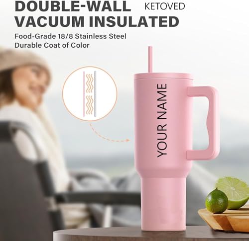 Image of Personalised with Your Name, 1200ml Tumbler with Straw-Handle-Stainless Steel Double Wall Insulated Cup | Leakproof Sipper Mug for Hot-Cold Drinks |Coffee - WaterTumbler (Pink Custom)