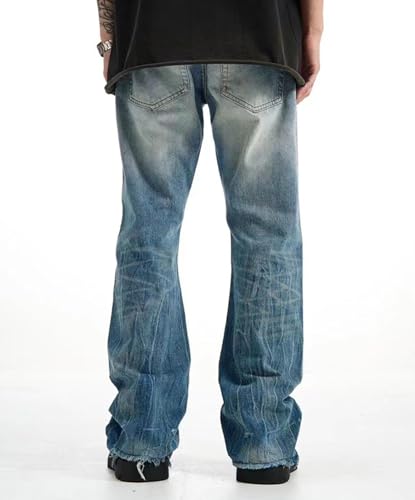 Men's Denim Flared Pants Mid-Rise Loose Casual Straight Cut Gradient Ripped Streetwear Jeans with Pockets3