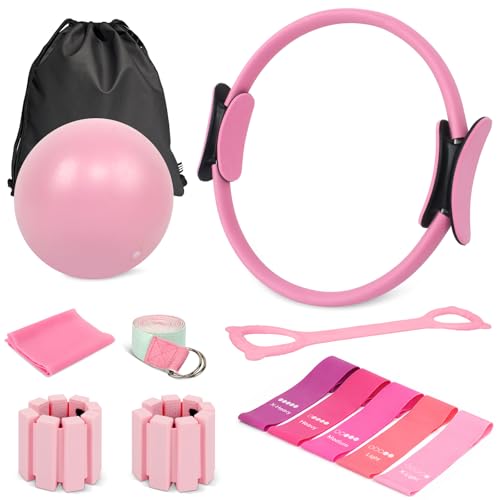 Home Pilates Equipment Kit for Women, 13-in-1 Pilates Ring & Ball Set with 5 TPE Resistance Bands, Ankle Weights, Figure-8 Pull Band, Stretch Strap & Waterproof Carry Bag