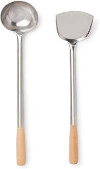 AuraHome VG Chinese Authentic Wok Accessories Ladle & Turner Set with Wooden Handles 304 Grade Stainless Steel Spatula Long Handle Kitchen Cooking Tool (46cm 45cm Turner), (VG-WOK TOOLS)