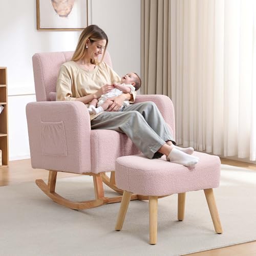 Image of HCHAIRH Rocking Chair with Ottoman, Upholstered Glider Rocker Armchair with High Backrest and Side Pocket, Comfy Reading Chair with Solid Wood Legs for Nursery, Living Room,Bedroom, Pink