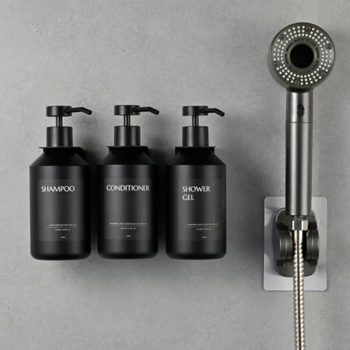 Janxin 3 Stück Seifenspender Wandbefestigung,500ml Shampoo Flaschen zum Befüllen,Duschgel Spender,Seifenspender Schwarz Ohne Bohren for Kitchen and Bathroom (Schwarze Flasche + schwarzer Kopf)
