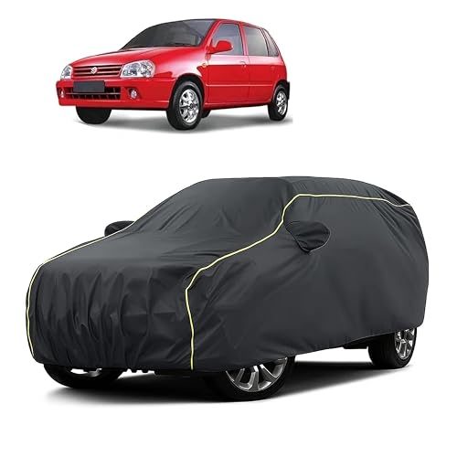 Image of Sulfar 100% Water Resistant Car Body Cover Compatible with Mirror for Maruti Suzuki Zen (Triple Stitched, Full Bottom Elastic, Dark Grey Taffeta with Yellow Piping)