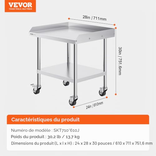 VEVOR Table de Travail en Acier Inoxydable 61 x 71,1 x 75,2 cm, Table de Préparation des Aliments Robuste avec 4 roulettes, Hauteur Réglable, Meuble de Rangement pour Cuisine Restaurant Maison – vue 7