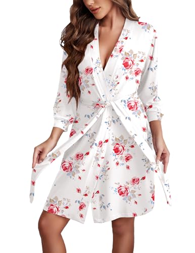 Image of Ekouaer Women's Robes Lightweight 3 /4 Sleeve Short Knit Bathrobe Soft Knee Length Sleepwear Robes with Pockets S-XXL