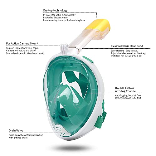 Image of VBM Full Face Snorkeling Mask Diving Gear - Dry Top System,180 Degree Panoramic View Snorkeling Mask with Camera Mount,Safe Breathing,Anti-Leak Anti-Fog-Swim Fins (Green - S /M)