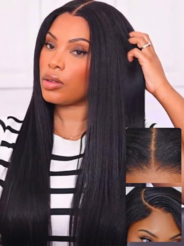 Beauty Forever Glueless Wigs Human Hair Pre Plucked Pre Cut Yaki Straight Human Hair Wig Bye Bye Knots 7x5 Lace Closure Wigs with Elastic Drawstring Ready to Wear Wig for Women 150% Density 16 Inch