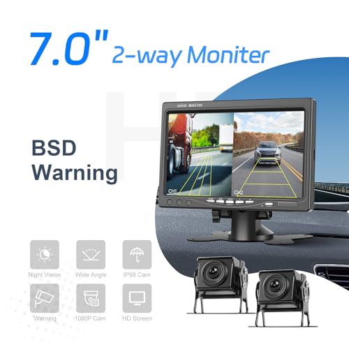 Image of 7 Inch Monitor Reverse Camera System Waterproof Monitor Rearview Camera with 2Backup Camera Blind Spot Detection