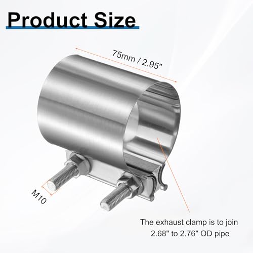 QUARKZMAN Obejma rury wydechowej 6,76 cm, stal nierdzewna, do rury wydechowej, połączenie ze śrubami M10 x 55, do rury wydechowej samochodu