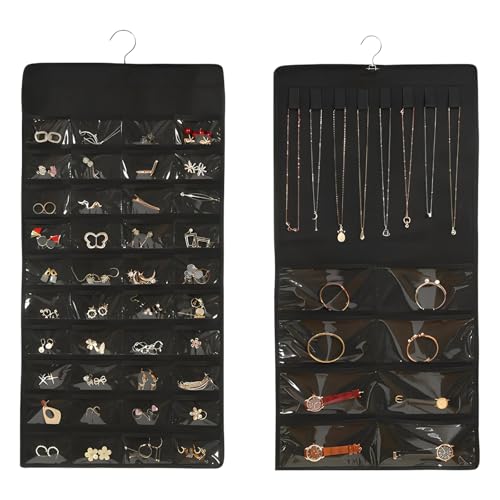 Liwein Organizador de joyas para colgar, rollo de almacenamiento con colgador, almacenamiento de joyas, soporte de joyería de doble cara para pendientes, collares, anillos en armario, pared, puerta