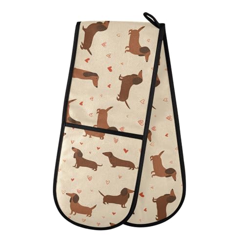 Oven Gloves Double Oven Gloves Sausage Dog Love Pattern Oven Mitts Pot Holder Heat Resistant Quilted for BBQ Baking Kitchen Cooking Gloves