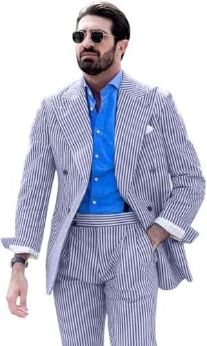 Men's Seersucker Suits 2 Piece Casual Summer Beach Wedding Prom Suit Blue Seersucker Striped Blazer Pants Set L